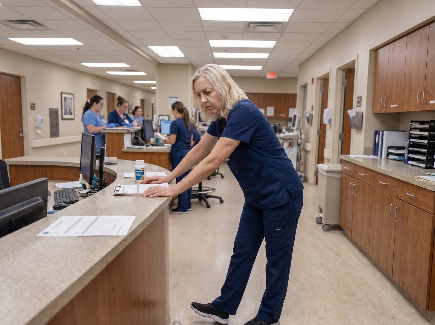 The shift toll — late-shift hallway, exhausted nurse