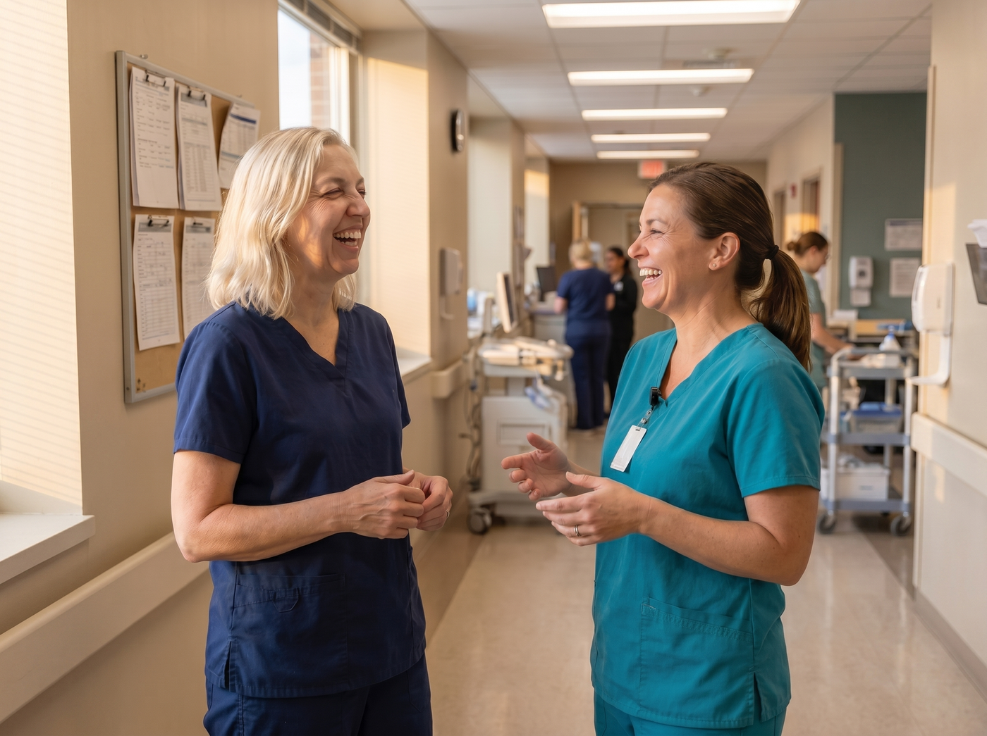 Laughing with a colleague in the ward — same hallway as agitation, warm light